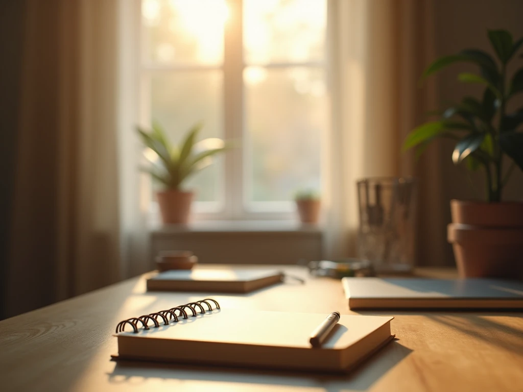 Soft window light over a notebook and warm accents